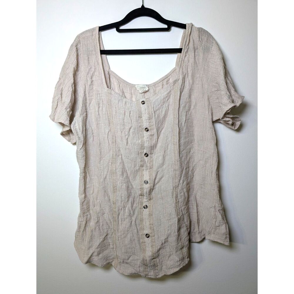 2 For $20 Boho Gauze Button Front Blouse 2XL 3XL Neutral Crinkle Cottage Top - Picture 3 of 8